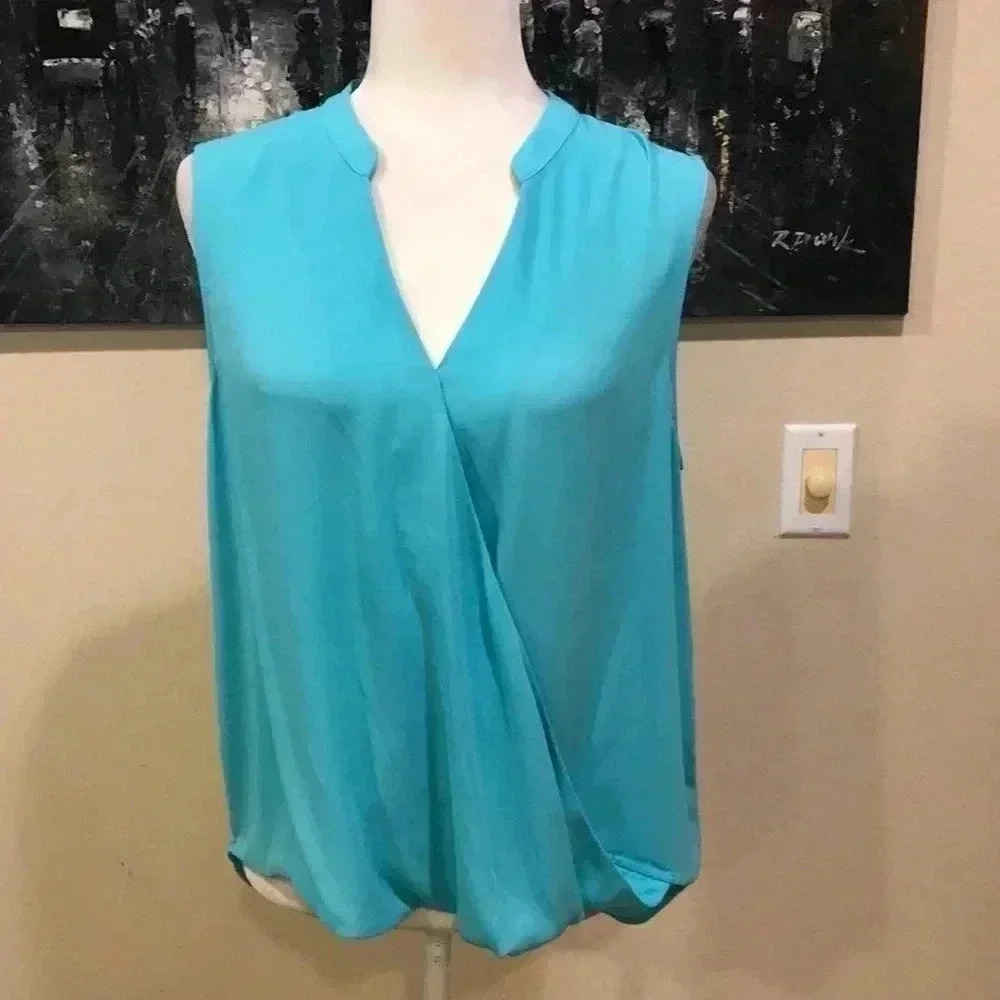 The Limited Chiffon light Blue Sleeveless Blouse with Faux Wrap Front-Size L